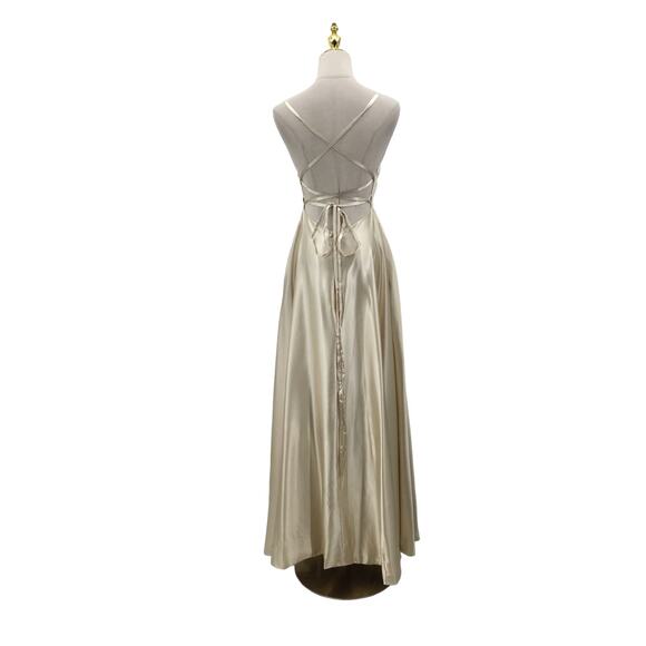 FORMAL SZ 4 S Champagne Satin Lace up Backless Party Maxi Dress NEW B148 - Picture 2 of 7